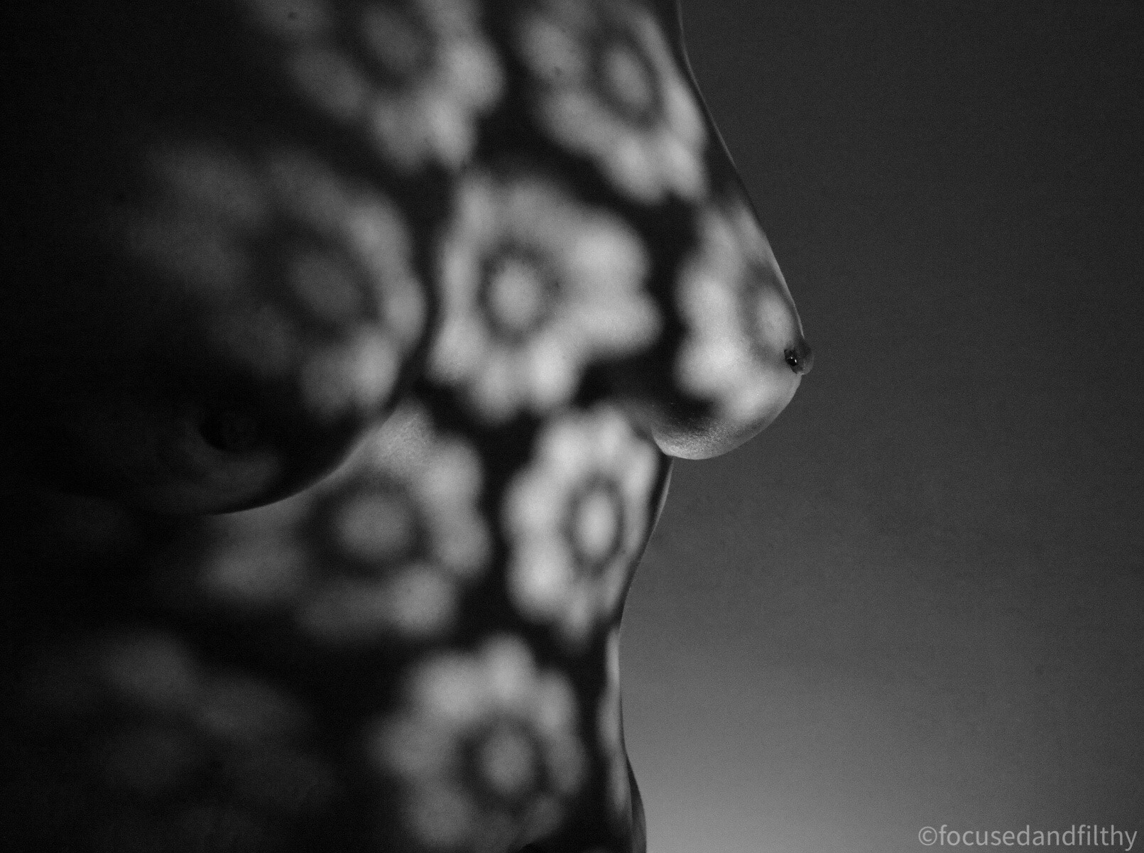 Black and white photograph of a naked female chest with shadowed flower shapes cover her breasts 