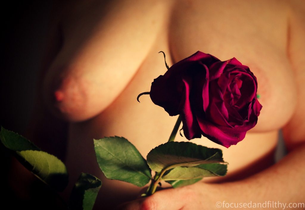 Colour close up photograph if a red rose being held  by a woman who is stood behind it and you can only see her blurry naked torso 