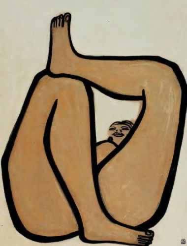Painting of a lady showing legs from below crossed   Called Sanyu by Chang Yu  