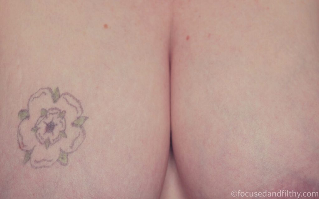 Close up colour photograph of a Yorkshire rose drawn a naked breast 