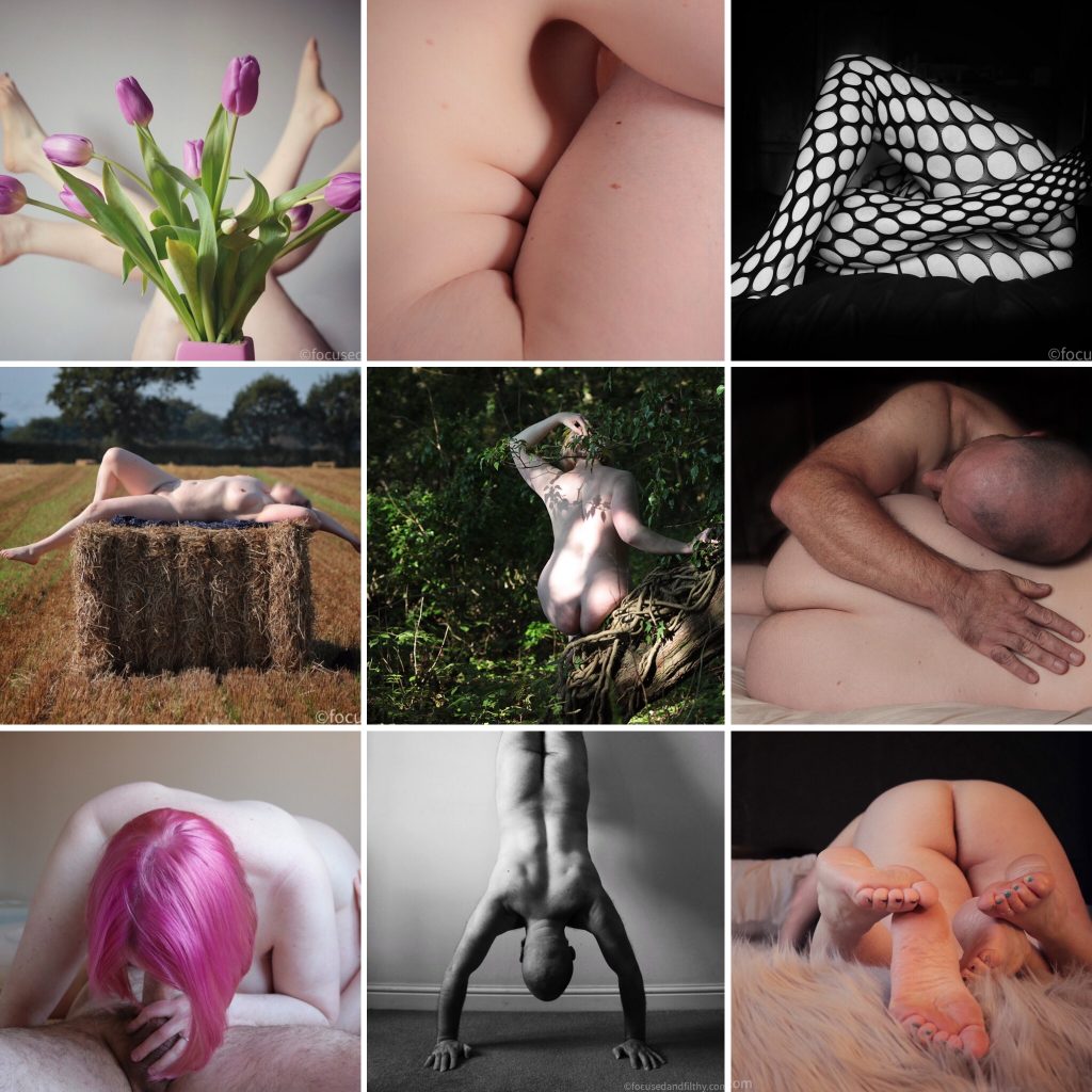 Collage of nine photographs previously on my blog including a pink haired blowjob, naked on a haybale, legs and tulip.  