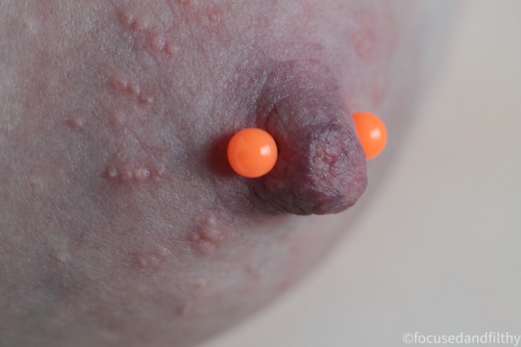  Very Close up colour photograph of a nipple with a bright orange nipple bar in  the small bumps on the areolar tissue are quite obvious   