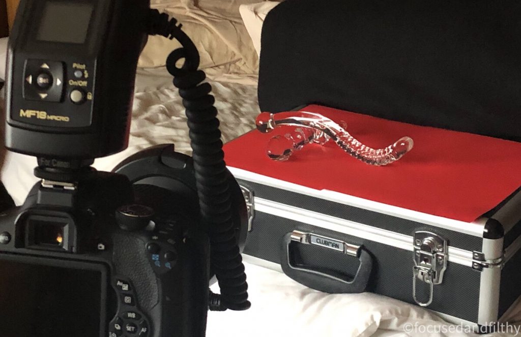 Colour photograph showing a large camera on a tripod pointing at a black case that has on top of it red paper and two glass sex toys balanced on top  