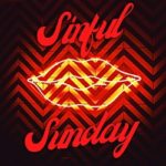 New sinful Sunday logo with the words in a red in a black square and in the middle is an 80’s inspired neon lip shape with yellow and red zigzags over it. 