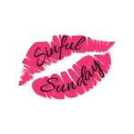 SinfulSunday logo with the words in black over a pink lip print. 