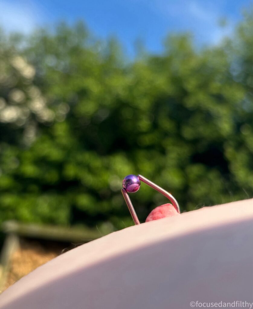 A close up colour photograph of my left nipple with a teardrop pink nipple ring in with a purple ball.  The nipple is at the bottom of the image in sunshine and behind it is the blurred green of a hedge and blue skies above.  I’m obviously laying naked on the ground. 