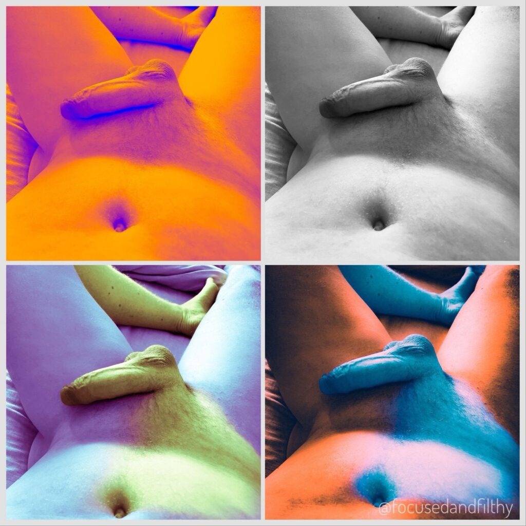 Four images of the same naked man’s middle showing his delicious cock with different coloured filters similar to the Andy Warhol Marilyn Munroe image. 