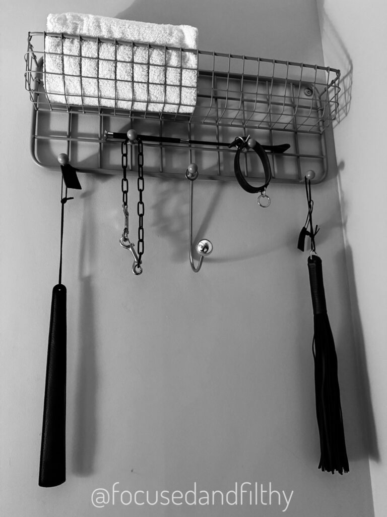 Black and white photo of a Small metal wrack on the wall with one white towel tucked in the top and hanging from the hooks an metal anal hook, a long leather flogger, leather collar with a metal ring on it, a crop, some metal chain.